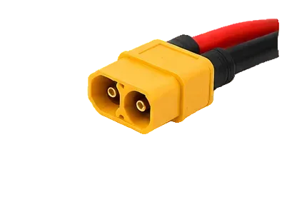 A close-up of a yellow XT90 connector with red and black wires, shown inside a rounded white frame with the text 'XT90 Connector (Example)' below.